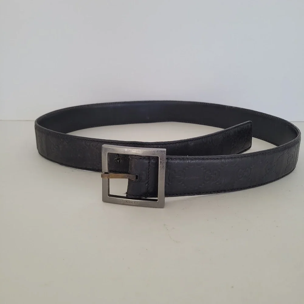 Gucci Guccissima Black Leather Belt 146429 Square Buckle Size 90 36 Mens